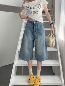 女士宽松直筒七分牛仔裤，休闲显瘦，适合娇小身材，夏季款 - 藍色 - 查看 1