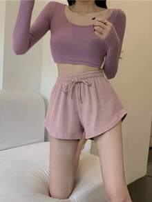 Pantalones de pierna ancha mujer verano fuera suelta delgada de gran tamaño de cintura alta deportes ocio pantalones cortos mujer - Rosa - Ver 5