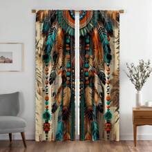 Bohemian Feather Pattern Semi-Sheer Curtains - 2pcs Polyester Pongee Woven Rod Pocket Drapes For Bedroom, Embossed Knit Fabric, Machine Washable Contemporary Window Treatments - Fashion Curtain Panels For Living Room & Office Decor