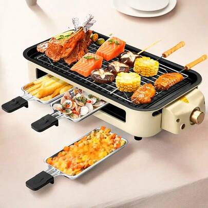 Smokeless Electric Oven, With Detachable Non-Stick Trays And 3 Mini Frying Pans, 2-In-1 Indoor Oven, Portable Suitable For Small Spaces, Temperature Controllable, Dishwashable, Suitable For Couples, Families, And Modern Kitchen Utensils