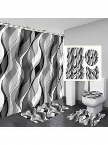 4pcs/Set Modern Abstract Wave White & Gray Striped Shower Curtain Set, Waterproof Shower Curtain With 12 Hooks, Bathroom Non-Slip Mat, U-Shaped Toilet Mat And Round Toilet Lid Cover, Bathroom Set For Full Scene Use Back To School