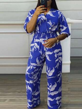 2 件套女士加大码随机印花长袖上衣和裤子，秋季套装