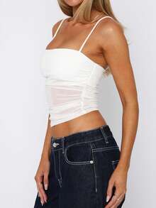 Women's Mesh Cami Tops Sleeveless Square Neck Solid Color Ruched Camisole Summer Tank Tops - White - View 4
