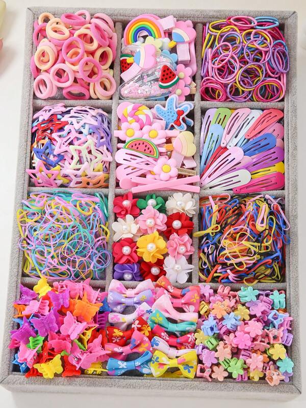 869 pièces Ensemble d'accessoires pour cheveux pour filles comprenant fleurs en faux perles multicolores, noeuds papillon, pastèques, arcs-en-ciel, étoiles de mer, pentagrammes, petites fleurs, pinces à cheveux, élastiques, épingles à cheveux. Idéal pour une utilisation quotidienne et en cadeau. Accessoires pour cheveux, été, pinces à griffes