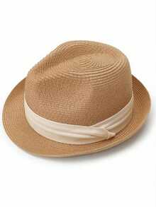 1 件女士上翻帽檐巴拿马帽，白色编织带，太阳帽，沙滩帽 - 卡其色帽子+米色織帶 - 查看 3