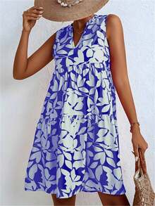 Spring/Summer Polyester Elegant V-Neck Sleeveless A-Line Printed Dress For Travel & Vacation - Blue - View 3