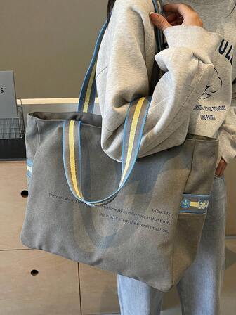 Large Capacity Letter Print Casual Canvas Tote Bag, Korean Style Minimalist Versatile Shoulder Underarm Bag
