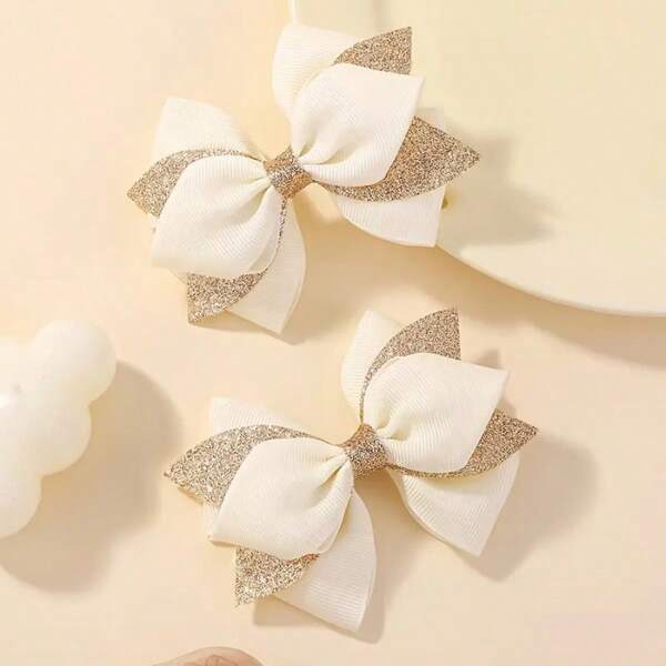 2pcs Girls Glittery Bowknot Hair Clips, Floral Fabric Art Clips For Pigtails, Casual Party Holiday Dance School Fashion Accessories, Made Of Polyester Fiber, Claw Clips, Hair Slide, Hair Claws