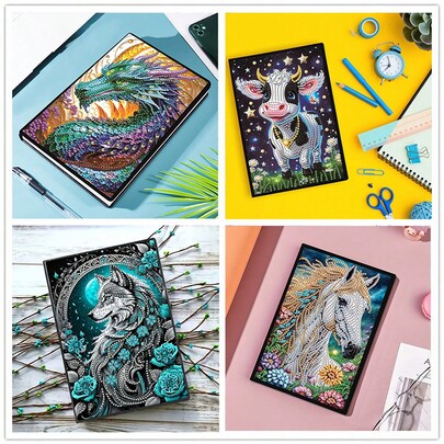 Conjunto De Cadernos Com Pintura Diamante E Estampa De Dragão, Vaca, Lobo E Cavalo, 1 Peça, Diário Com Pintura Diamante Assimétrica 5D Com Tema Animal, Caderno De Bordado, Adequado Para Aprendizado E Escritório, Presente Ideal Para Amantes De Artesanato, Capa De Macio, Adequado Para Escrever, Desenhar E Fazer Anotações, Presente Ideal Para Família, Amigos E Colegas De Classe
