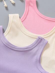 3pcs/Set Young Girls Solid Color Casual Crew Neck Sleeveless Tank Top Bowknot Decorated Shorts Summer Outfit - Multicolor - View 3