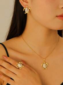 Set de 3 piezas con colgante, pendientes y anillo con estampado de tortuga marina, en estilo de playa, accesorios de moda para mujer, apropiado para la playa, vacaciones, fiesta y uso diario