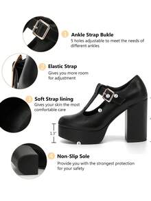 Women's T-Strap Round Toe Platform Heels Chunky Heel Patent Mary Jane Dress Shoes Christmas Gift & New Year Gift - 酷黑 - 查看 2