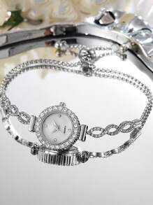 1pc/2pcs Fashionable Women's Bracelet Watch, Luxury Round Dial With Rhinestone Diamond Crystal Ripple Design, Alloy Quartz Watch, Gift For Girlfriend