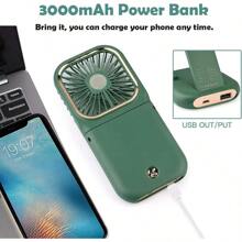 TFFFHandheld FanPortable Mini Fan With Power Bank 3000mAh USB Rechargeable Quiet Desk Fan With Cell Phone Stand Foldable 3 Speeds Strong Airflow 12 Working Hours Neck Fan