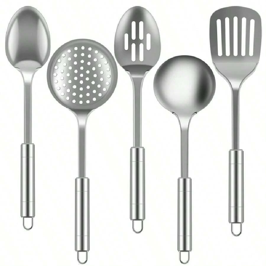 Stainless Steel Cooking Utensils Set - 5 Piece Silver Kitchen Tools With Wooden Handle - Silver - View 1