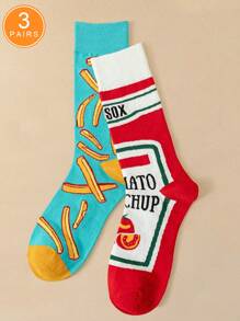 1 para skarpetek unisex kreatywnych pomidorów i frytek wzór niedopasowane AB, wyjątkowe swobodne wygodne skarpetki do połowy łydki z literami, odpowiednie do codziennego noszenia