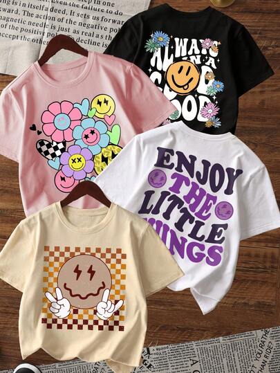 4pcs/Set Tween Girl Casual Heart & Line Print Crew Neck Short Sleeve T-Shirts, Summer Student - Simple And Fashionable T-Shirts That Bring Joy And Happiness To Every Child!