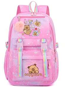 Cute Capybara Nylon Backpack - Lightweight, Spacious, With Fuzzy Pom Pom Decor, Suitable For School And Daily Commute, Available In Blue/Rose Red/Pink/Purple, Travel Backpack , Cute , Back To School