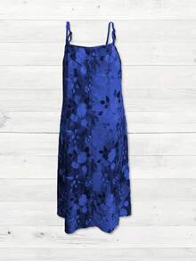 春夏加大码女士优雅印花无袖V领连衣裙搭配七分袖薄纱开衫两件套，完美适用于浪漫婚礼、新年装扮、休闲外出、咖啡约会等场合。 - 寶藍色 - 查看 5