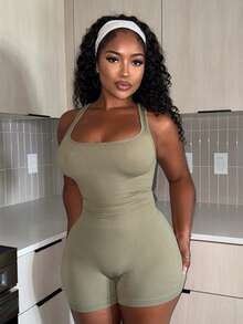 Alexandranx Women Plain Sleeveless Bodycon Unitard Romper - Olive Green - View 6