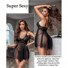 Women Lingerie Lace Babydoll Mesh Nightgown Chemise Boudoir Nighty Sleepwear - 1-黑色 - 查看 4