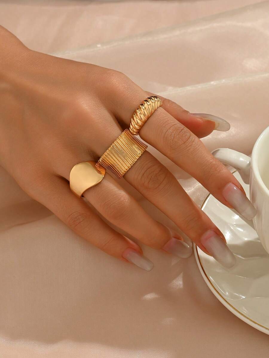 3pcs Set Asymmetrical Hollow Smooth Chunky Jewelry Rings, European & American Style, Suitable For Women's Birthday, Vacation, Party, Daily Matching, Versatile