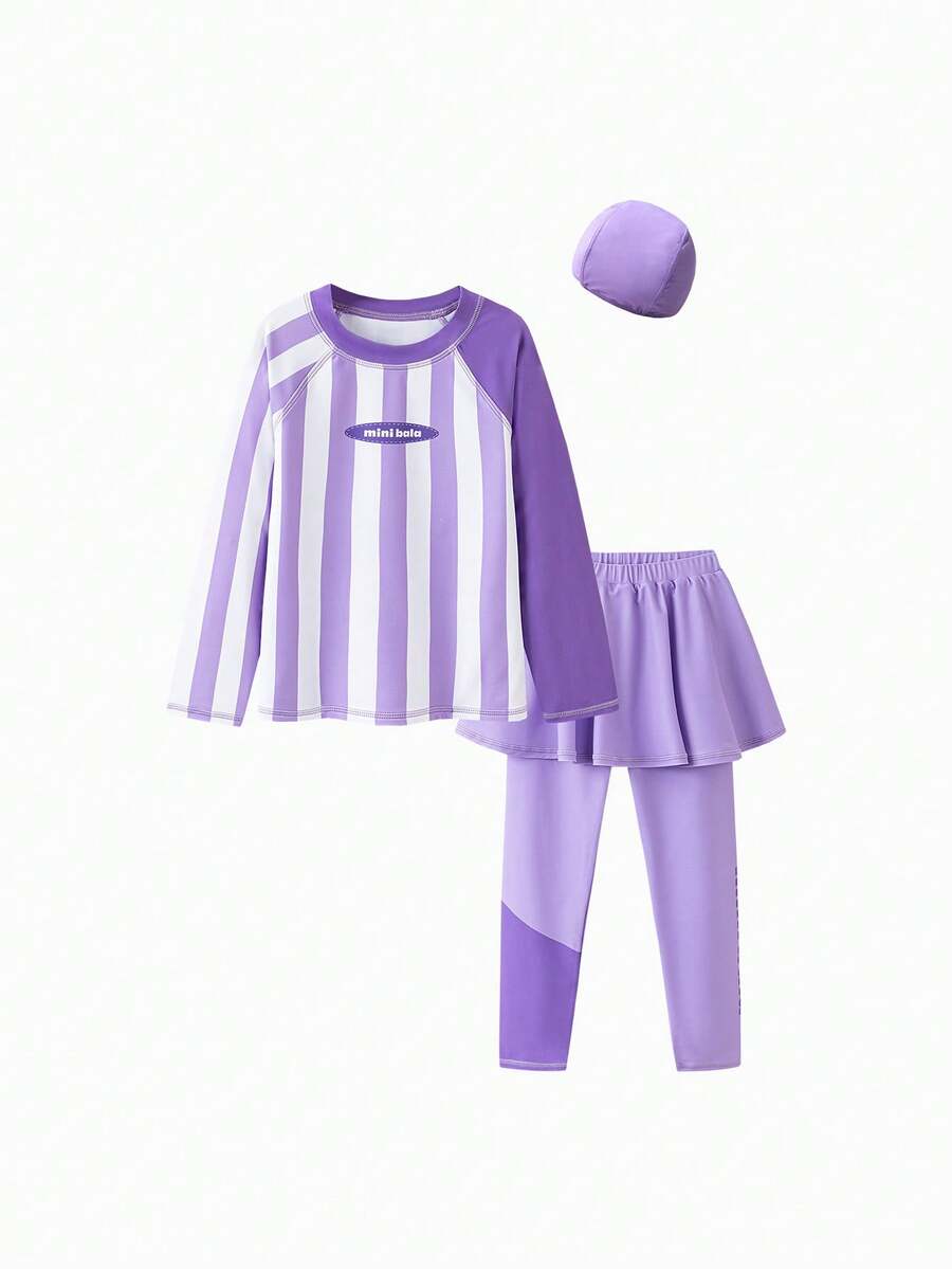 mini bala Conjunto de natación para niñas - Top de manga larga con shorts-falda y gorra, traje de baño de verano con protección UV - Tono blanco morado - Ver 1