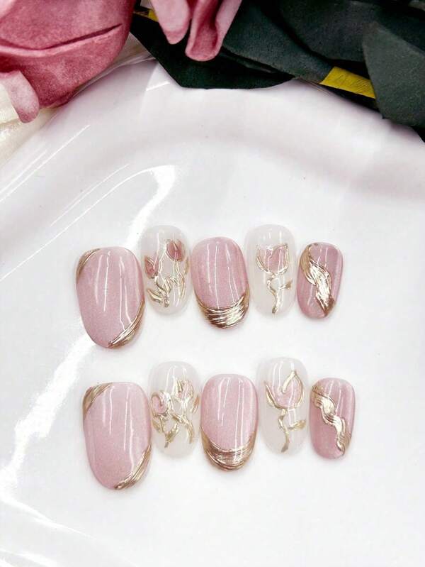 10Pcs Handmade Oval Shaped Pressed Nails, With A Pink Rose Design Showcasing A Romantic Temperament, Elegant And Luxurious. Detachable And Reusable, Suitable For Daily Use By Women Of Different Styles