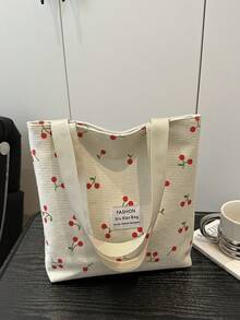 1pc Women Casual Zipper Opening Large Capacity One Shoulder Tote Bag - White - View 2