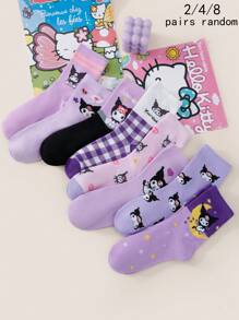 Sanrio 2/4/8 paires de chaussettes mi-mollet mixtes à motifs de dessins animés Sanrio Kuromi, confortables et respirantes, convenant pour le style casual, Lolita, l'uniforme scolaire JK et le port quotidien