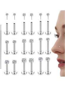 Milacolato 18PCS Threadless Nose Rings Studs For Women Men 20G 18G 16G Hypoallergenic Surgical Stainless Steel Labret Lip Rings CZ Opal Push In Earrings Flat Back Nose Stud Cartilage Nostril Conch Helix Tragus Piercing Jewelry - 銀色 - 查看 1