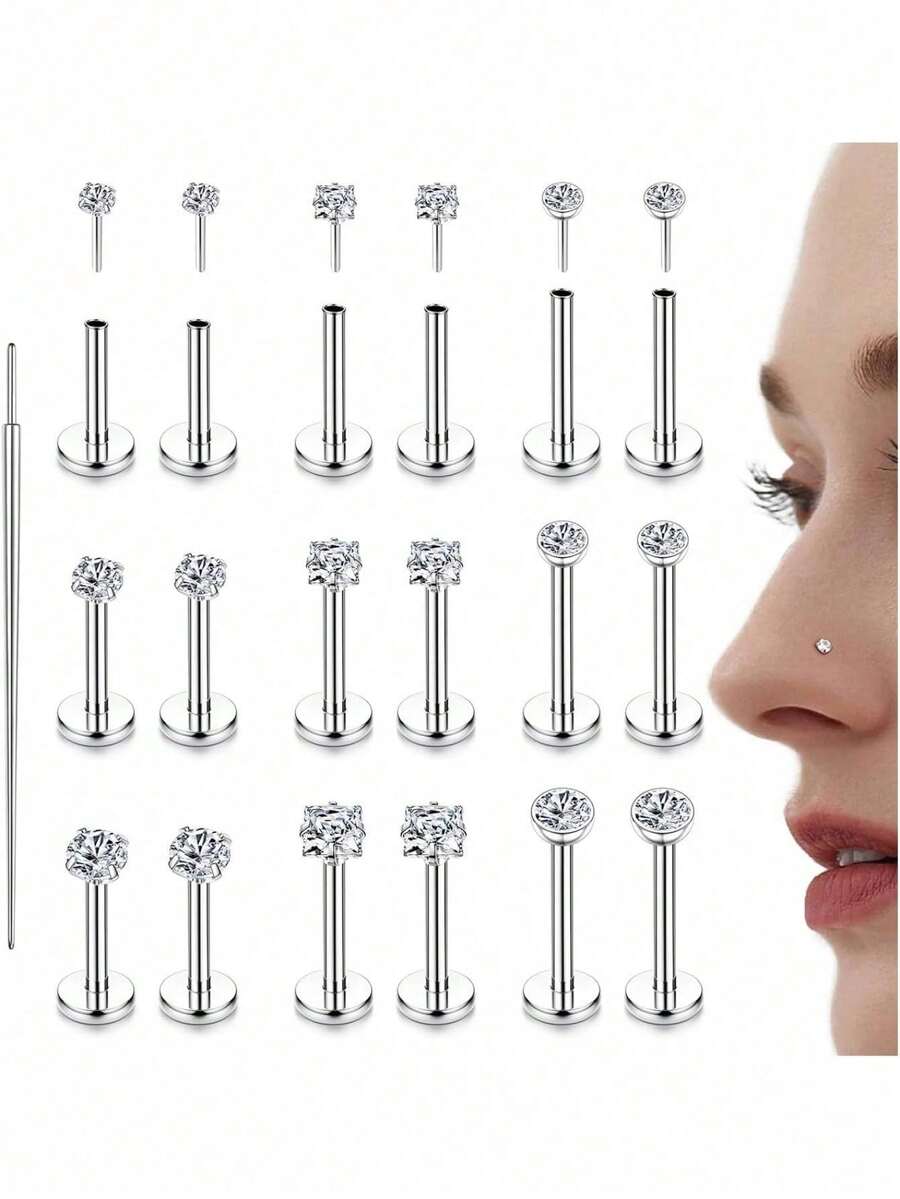 Milacolato 18PCS Threadless Nose Rings Studs For Women Men 20G 18G 16G Hypoallergenic Surgical Stainless Steel Labret Lip Rings CZ Opal Push In Earrings Flat Back Nose Stud Cartilage Nostril Conch Helix Tragus Piercing Jewelry - 銀色 - 查看 1