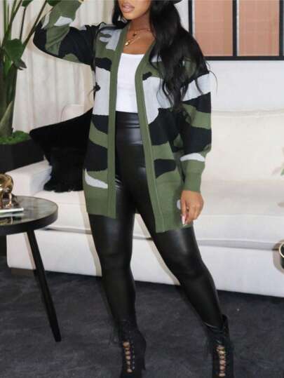 Women's Camo Print Cardigan Sweater Long Sleeve Color Block Loose Fit Autumn/Winter Lightweight Flowy Knitted Cardigan, Women Fall Outfit