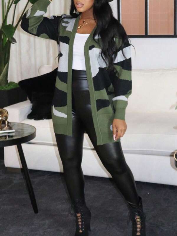 Women's Camo Print Cardigan Sweater Long Sleeve Color Block Loose Fit Autumn/Winter Lightweight Flowy Knitted Cardigan, Women Fall Outfit