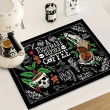1pc Square Skull & Coffee Pattern Heat Resistant Mat, Soft Rubber Backed Insulation Pad, Table Protector, Coffee Machine Mat, Kitchen Drainage Mat, Household & Kitchen Coaster - Multicolor - View 7
