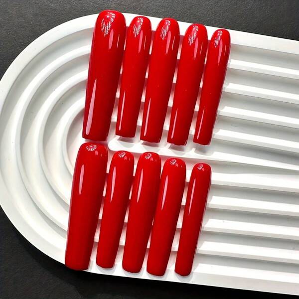 10pcs Spring/Summer New Style Super Long National Red Water Pipe Party A Shape Armor Simple Style Pure Handmade Wearing Armor Press On Fake Nails Used For Parties, Birthday Gifts, Weddings, Daily Life