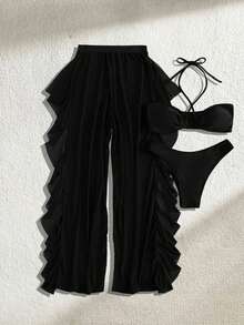 Bikini camisola con espalda halter en color sólido, conjunto de tres piezas que incluye top cruzado, braguita de bikini de corte alto y braguita de malla de gran tamaño. - Negro - Ver 4