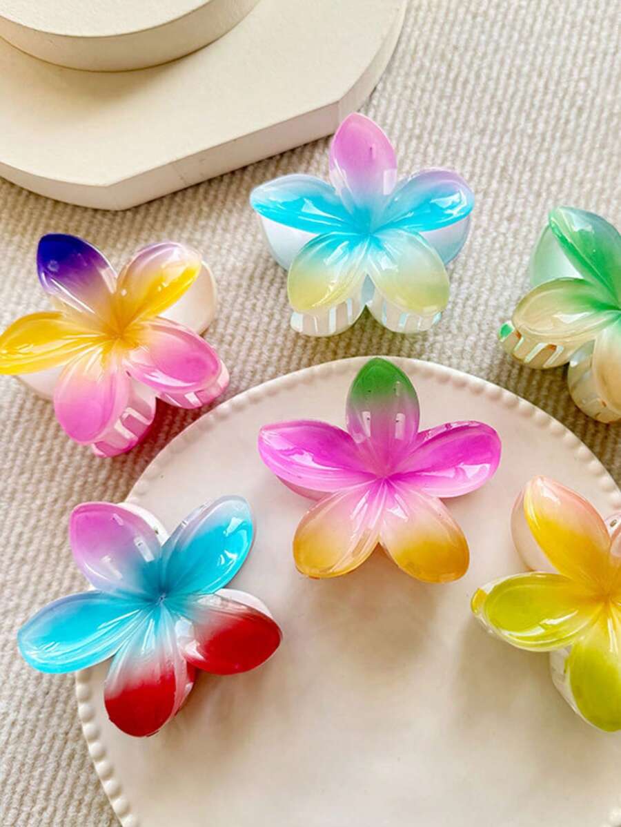 Nouveaux clips pour cheveux à la mode de couleur arc-en-ciel Plumeria, clips pour cheveux floraux dégradés contrastés pour la décoration quotidienne, la prise de photos, les vacances, la plage