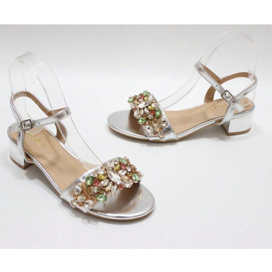 Fashionable Shallow Gold Rhinestone Chunky Low Heel Sandals For Women For Spring And Summer - Silver - View 1