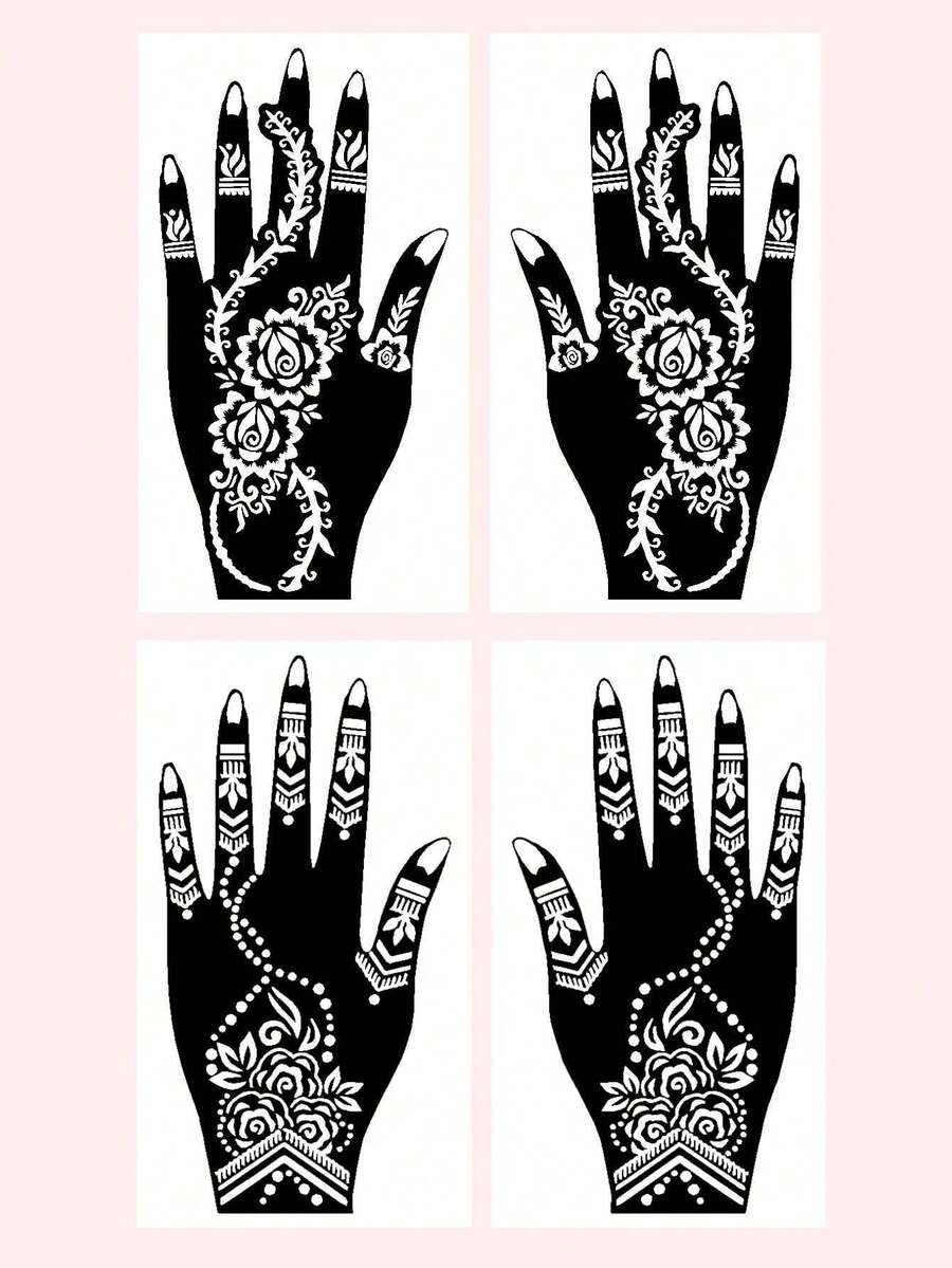 4 Peças Modelos de Estêncil de Tatuagem de Hena Floral para Mão - Preto - Visão 1