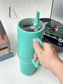 20/30/40盎司不锈钢保温杯，带手柄和可折叠吸管，双层真空密封，适用于冷热饮，简约旅行杯 - 青玉色 - 查看 2