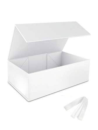 1pc Reusable White Gift Box With Magnetic Closure, Foldable Rectangular Design, Suitable For Proposal Box, Wedding, Christmas, Halloween, Birthday Gift Packaging (Includes Ribbon)