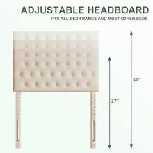 Tufted Upholstered Headboard, Solid Wood Head Board With Wood Legs, Adjustable Height Bed Headboard From 37" To 51" Fabric Headboard In Modern Button Design, Beige - 米色 - 查看 2