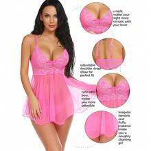 Women Lingerie Lace Babydoll Mesh Nightgown Chemise Boudoir Nighty Sleepwear - 3-hot Pink - 查看 2