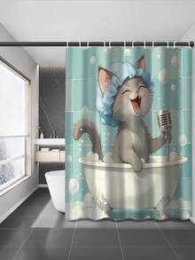 1/4 件卡通 McBa 唱歌猫浴帘套装，浴缸里戴着蓝色蝴蝶结的淘气灰猫，俏皮的猫咪图案，浅蓝色格子背景，可水洗涤纶，浴室装饰的理想选择，荷叶边顶部浴帘 | 爱猫人士的礼物，四季皆宜 - 彩色 - 查看 5