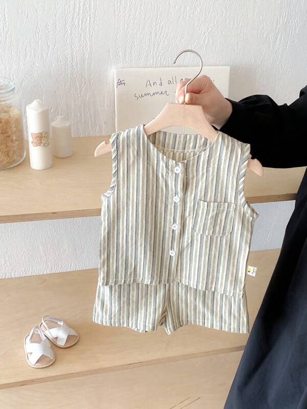 2pcs/Set Baby Girl Stripe Sleeveless Top And Shorts Outfit, Summer Casual Sportswear For Boys And Girls