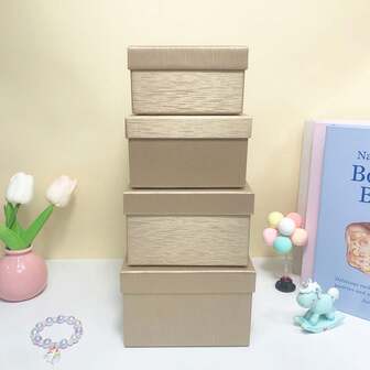 Set de 4 cajas de almacenamiento cuadradas con textura de papel caqui y morado, cajas de regalo, organizador de escritorio, conjunto de almacenamiento para el hogar