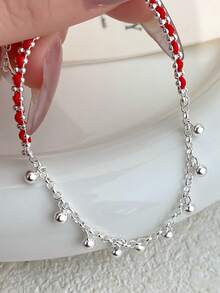 1 件休闲百搭 S925 纯银红绳圆珠手链，女士编织绳手链，女士日常运动度假装 - 銀色 - 查看 2