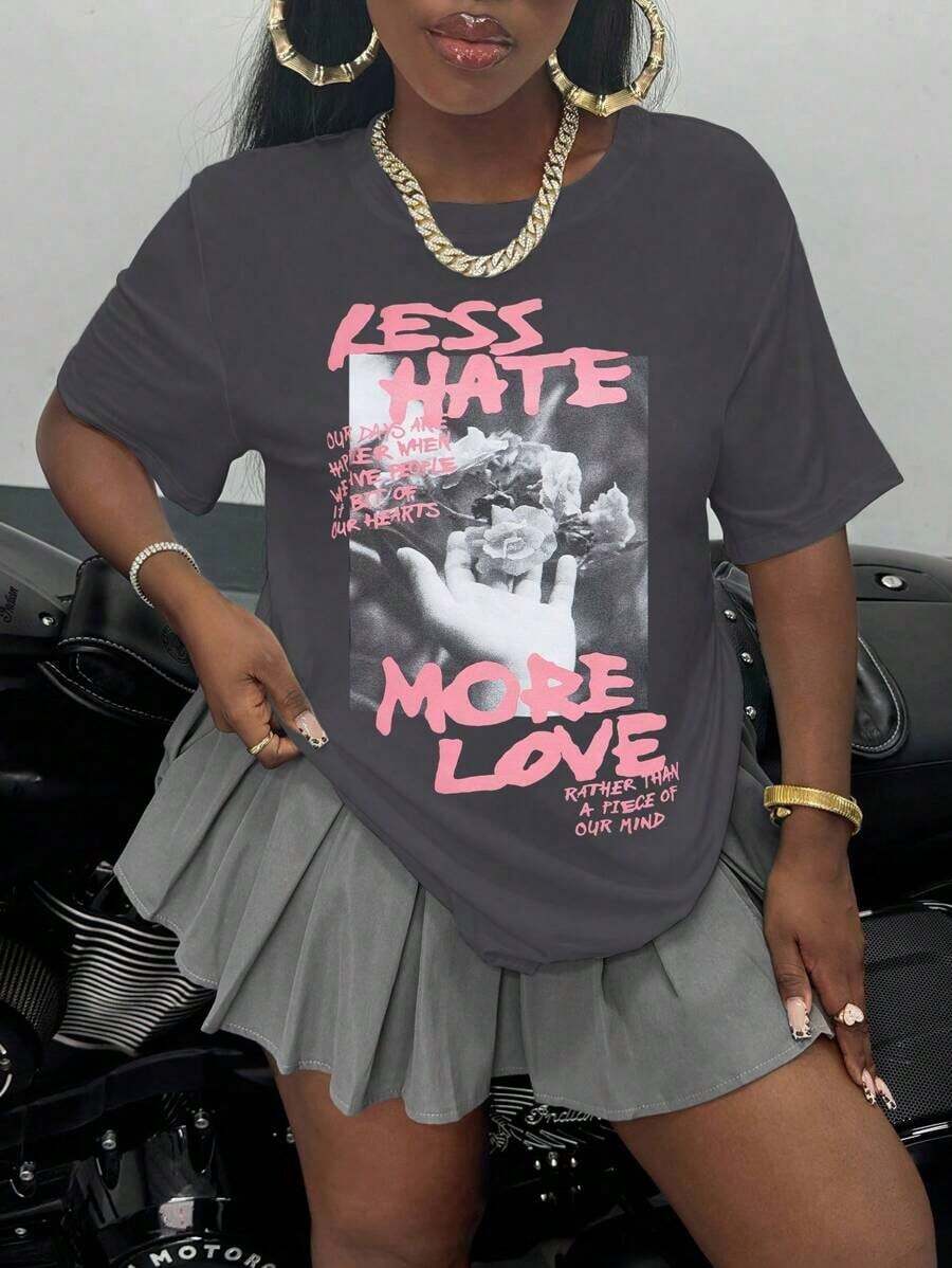 Casual Logo Print Crew Neck Short Sleeve T-Shirt, Summer Graphic Tees Women Tops - A-3 - Xem 1