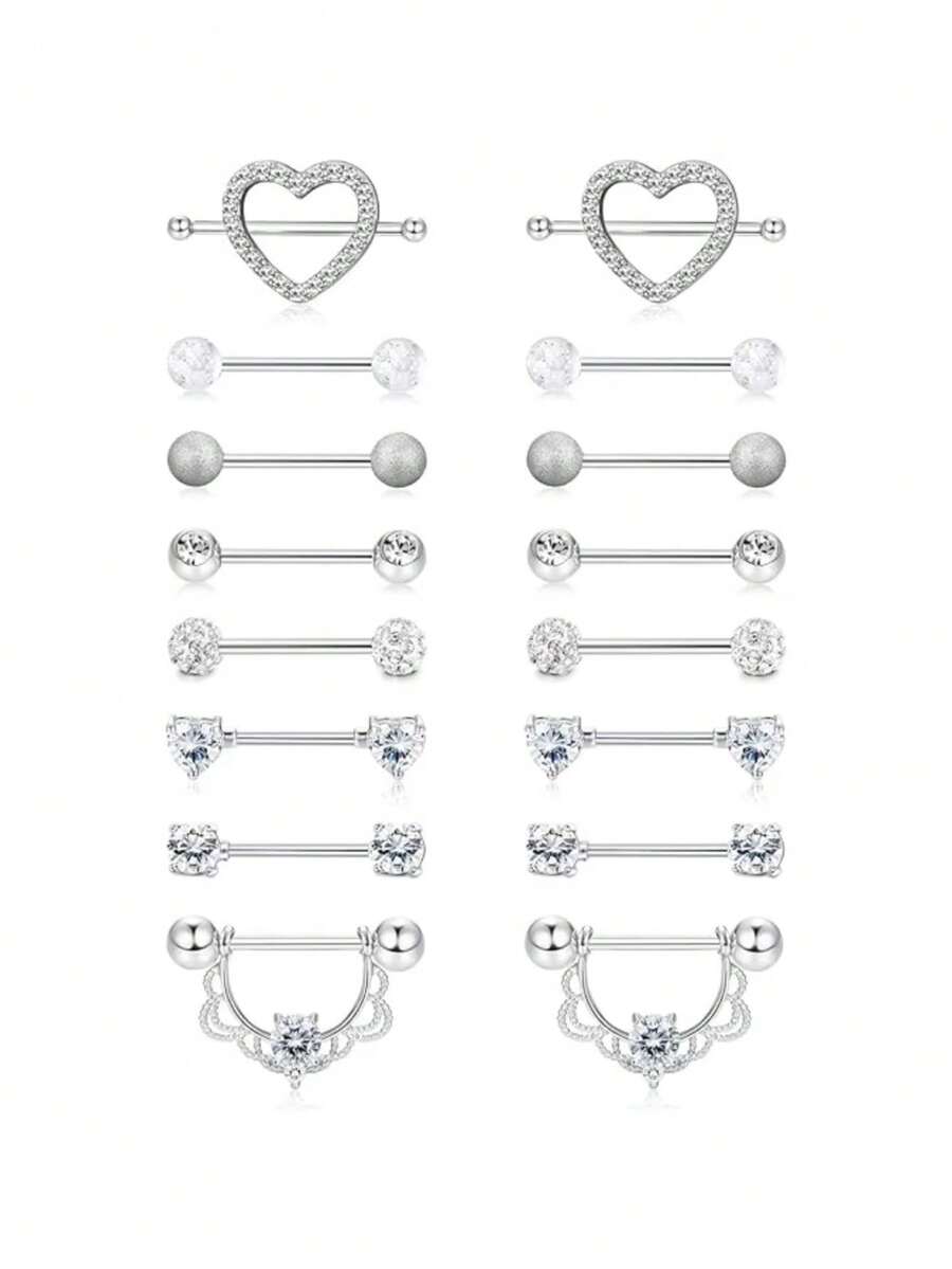 IRONBOX 1 件 14G 乳环 316L 医用钢心形 CZ 舌头杠铃身体穿孔环 - 銀色 - 查看 1